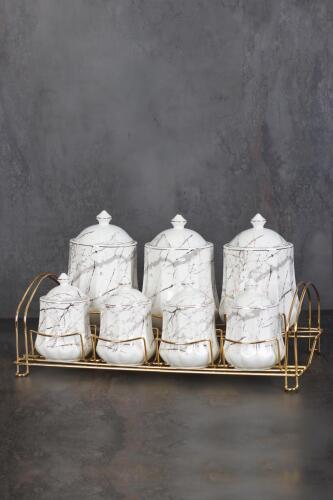 Altın Stand Gold Yaldızlı Porselen 7'Li Baharatlık - Beyaz - Acar