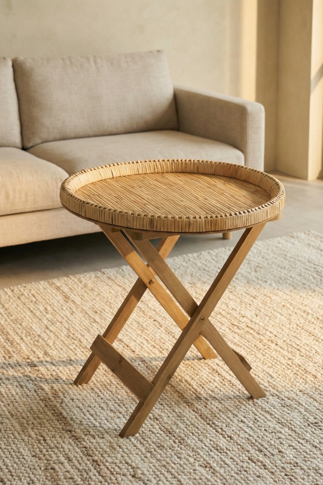 Aura Ahşap Ayaklı Hasır Sehpa - 53 cm - 1