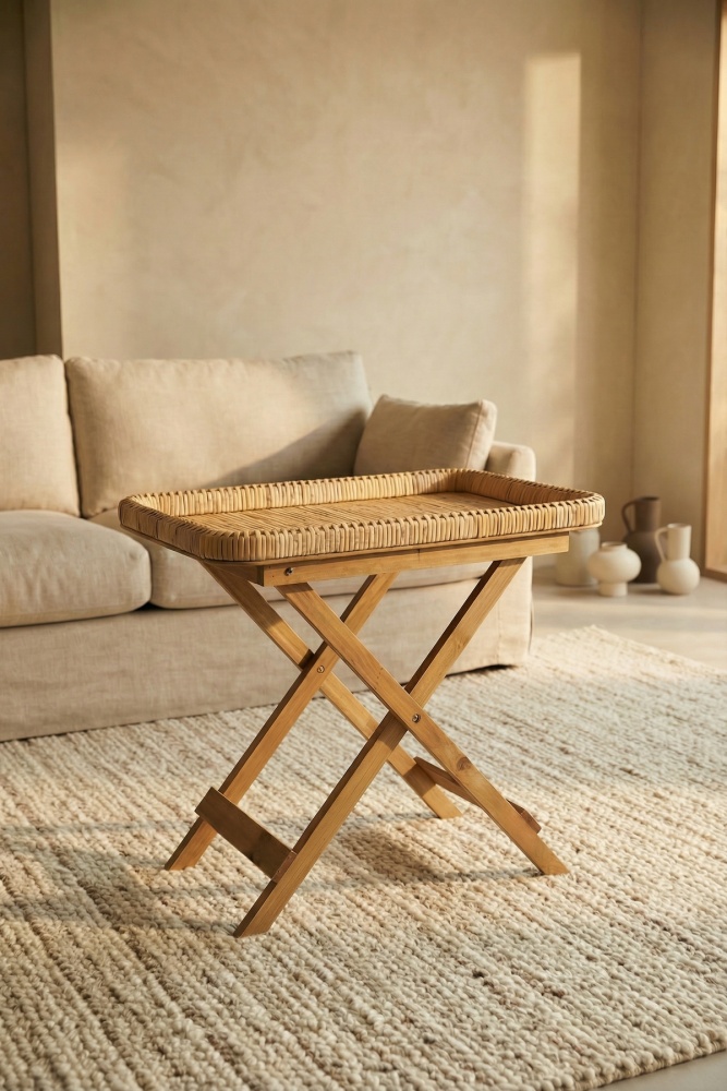 Aura Ahşap Ayaklı Hasır Sehpa - 59 cm - 1