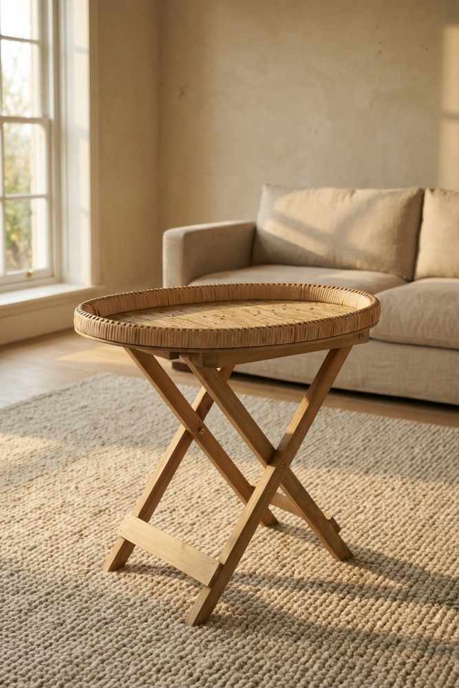 Aura Ahşap Ayaklı Hasır Sehpa - 62 cm - 1