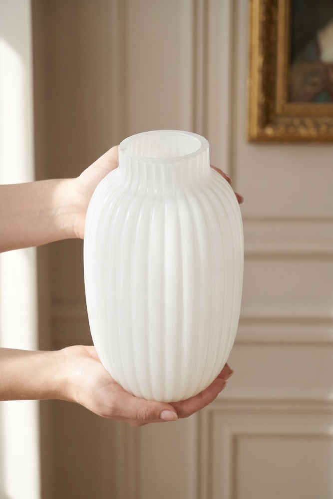Aura Çizgili Cam Vazo Beyaz - 23 cm - 3