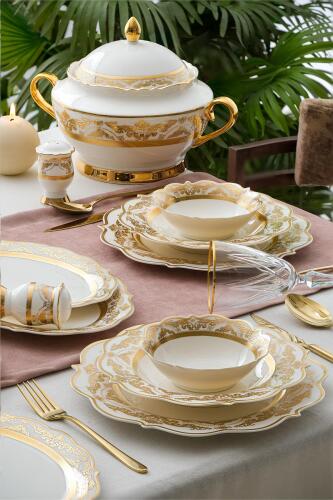 Aurora 60 Parça 12 Kişilik Gold Porselen Yemek Takımı - Queen Victoria