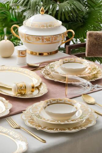 Caroline Bone China Emboss 60 Piece Gold Porcelain Dinner Set For 12 People - 1