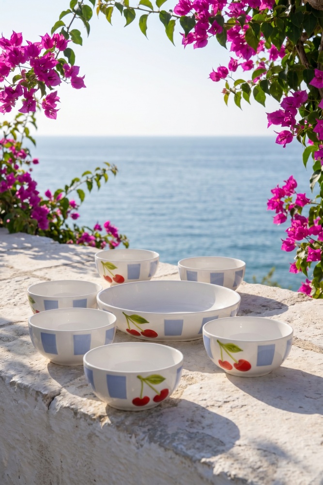 Cherry Much 6 Kişilik 7 Parça Porselen Kase Seti Mavi - 1