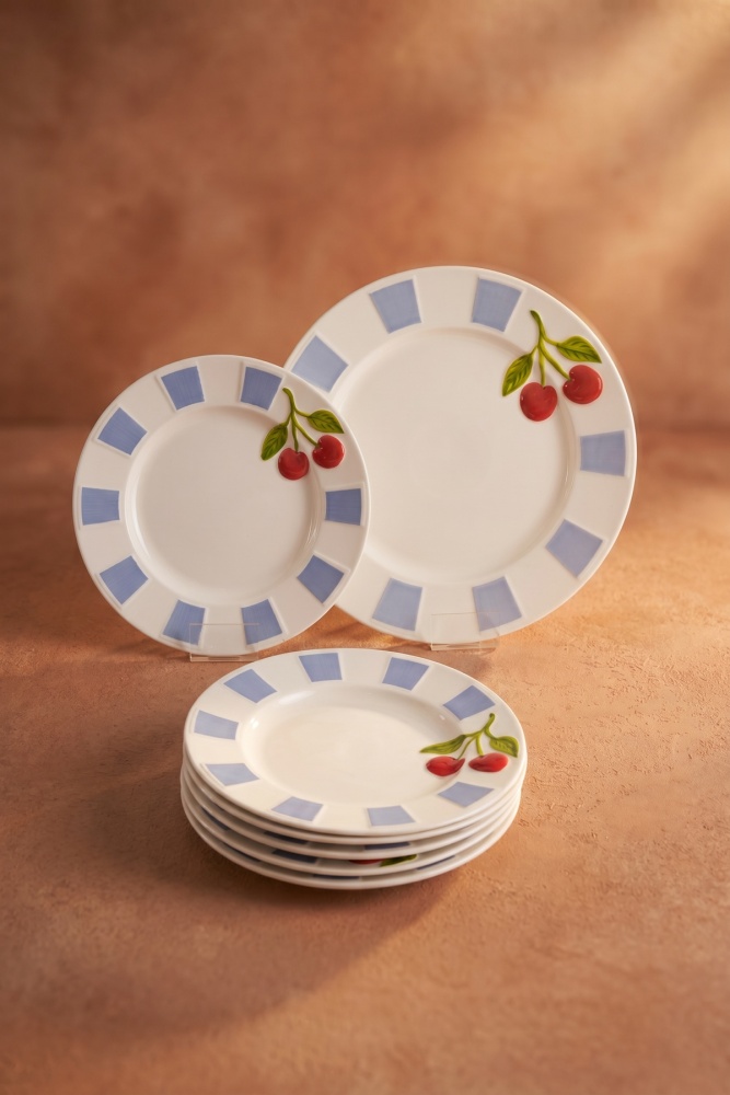 Cherry Much 6 Kişilik 7 Parça Porselen Pasta Servis Seti Mavi - 3