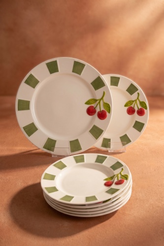 Cherry Much 6 Kişilik 7 Parça Porselen Pasta Servis Seti Yeşil - 4