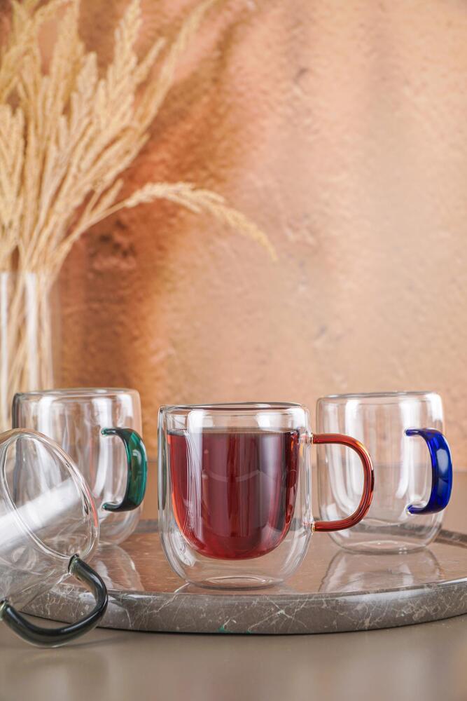 Çift Cidarlı 4 lü Renkli Cam Kupa - 190 ml - 1