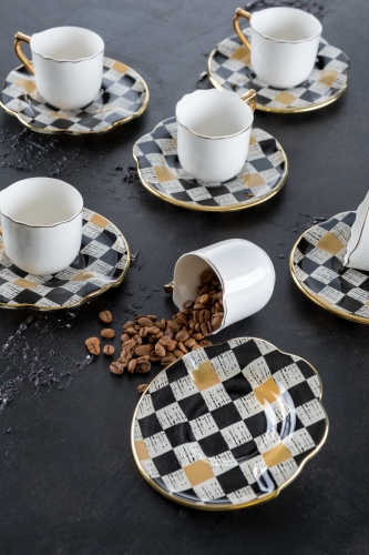 Enzo Chess 6 Kişilik Cam Tabaklı Porselen Fincan Takımı - Acar