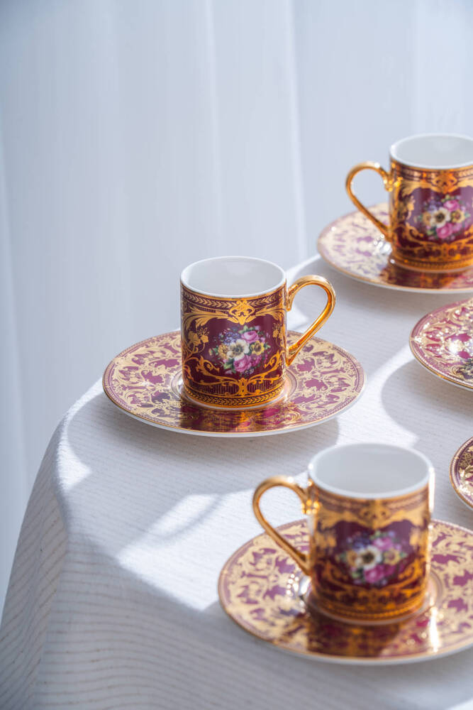 Felipe 24K Altın Detaylı 6 Kişilik Porselen Kahve Fincan Takımı - 100 ml - 1