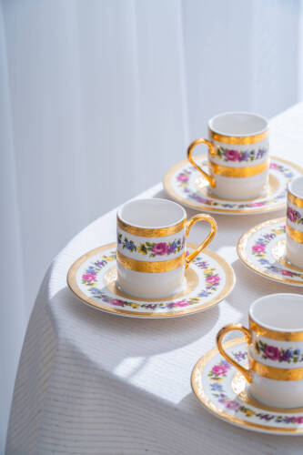 İsadora 24K Altın Detaylı 6 Kişilik Porselen Kahve Fincan Takımı - 100 ml - Acar