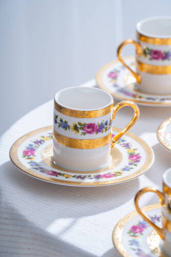 İsadora 24K Altın Detaylı 6 Kişilik Porselen Kahve Fincan Takımı - 100 ml - 2