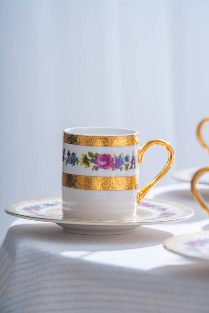 İsadora 24K Altın Detaylı 6 Kişilik Porselen Kahve Fincan Takımı - 100 ml - 3