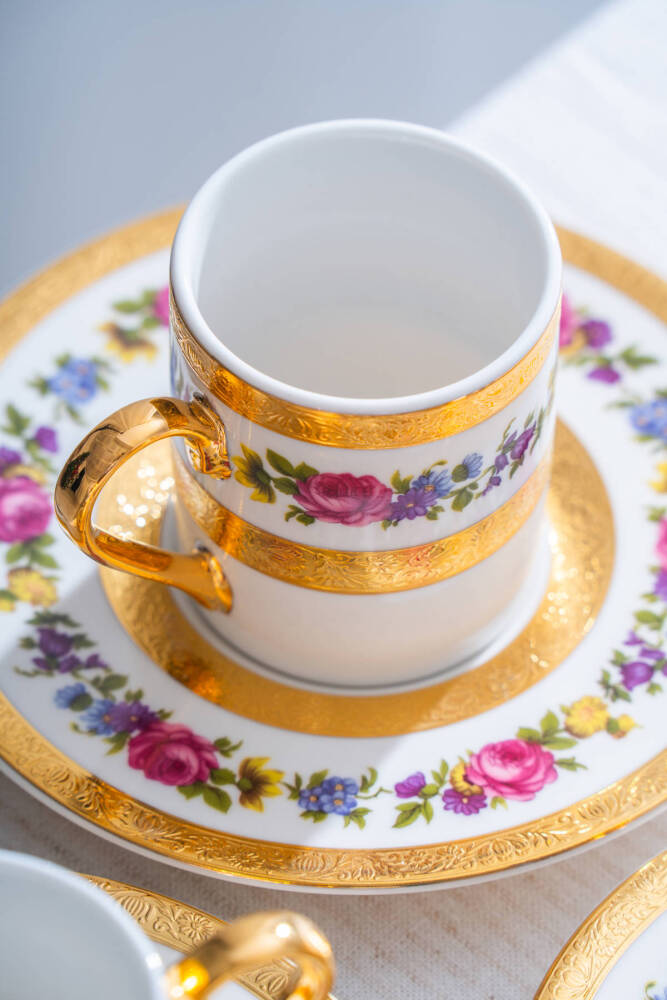 İsadora 24K Altın Detaylı 6 Kişilik Porselen Kahve Fincan Takımı - 100 ml - 6