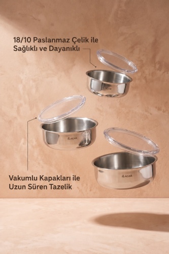 Karat 3'lü Paslanmaz Çelik Saklama Kabı Seti - Acar
