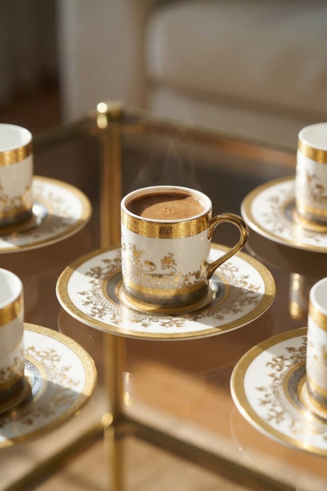 Laurens 24K Altın Detaylı 6 Kişilik Porselen Kahve Fincanı Takımı - 100 ml - 1