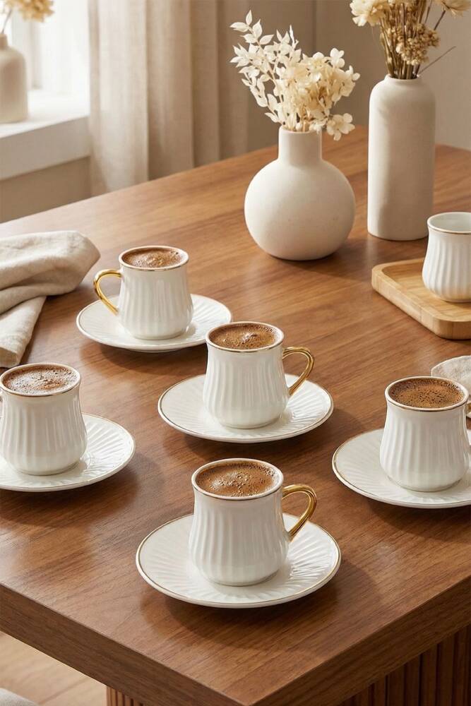 Lena 6 Kişilik Beyaz Kahve Fincanı Takımı - 90 ml - 1