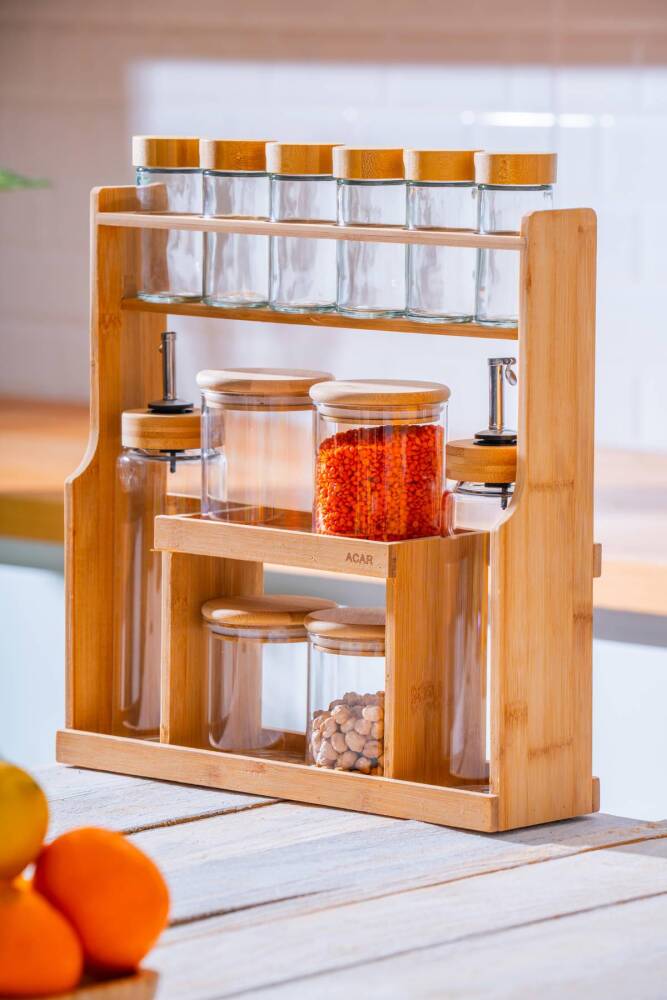  Malibu Bambu Standlı 12 li Borosilikat Cam Baharatlık Seti - 1
