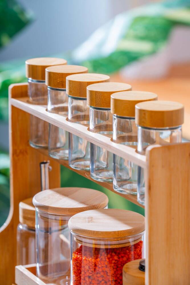  Malibu Bambu Standlı 12 li Borosilikat Cam Baharatlık Seti - 3