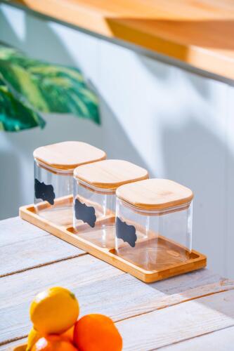 Malibu Bambu Standlı 3 lü Borosilikat Cam Baharatlık Seti - Acar