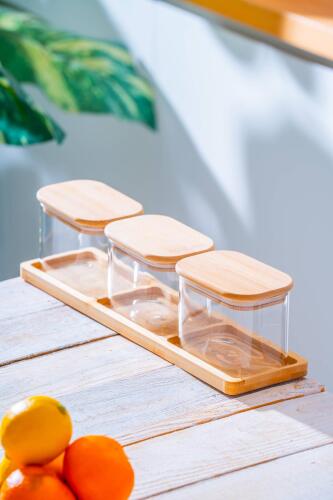 Malibu Bambu Standlı 3 lü Borosilikat Cam Baharatlık Seti - Acar