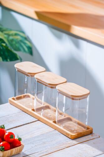 Malibu Bambu Standlı 3 lü Borosilikat Cam Baharatlık Seti - Acar