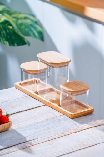 Malibu Bambu Standlı 3 lü Borosilikat Cam Baharatlık Seti - Acar