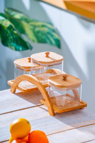 Malibu Bambu Standlı 3 lü Borosilikat Cam Baharatlık Seti - Acar