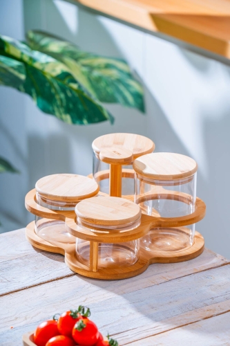 Malibu Bambu Standlı 4 lü Cam Baharatlık Seti - 1