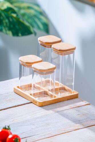Malibu Bambu Standlı 4 lü Cam Baharatlık Seti - Acar