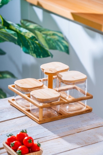 Malibu Bambu Standlı 4 lü Cam Baharatlık Seti - 1