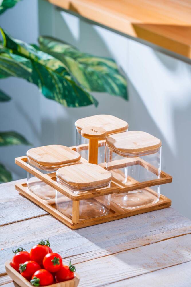 Malibu Bambu Standlı 4 lü Cam Baharatlık Seti - 1