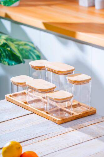 Malibu Bambu Standlı 6 lı Borosilikat Cam Baharatlık Seti - Acar