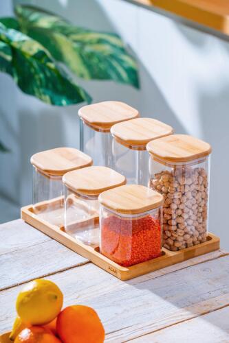 Malibu Bambu Standlı 6 lı Cam Baharatlık Seti - Acar