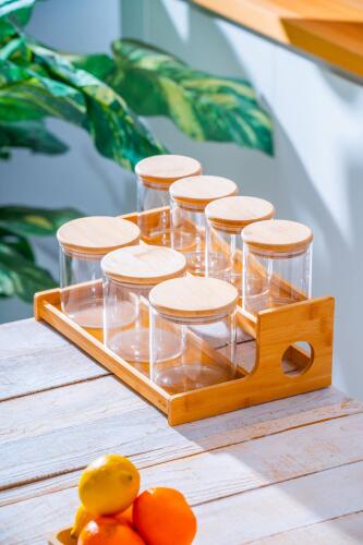 Malibu Bambu Standlı 7 li Borosilikat Cam Baharatlık Seti - Acar