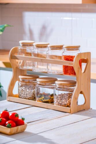 Malibu Bambu Standlı 7 li Borosilikat Cam Baharatlık Seti - Acar
