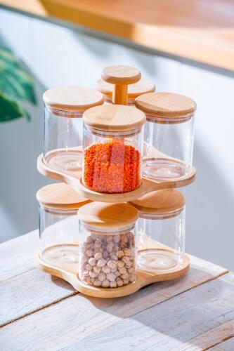 Malibu Bambu Standlı 8 li Borosilikat Cam Baharatlık Seti - Acar