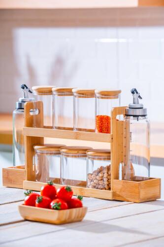 Malibu Bambu Standlı 9 lu Boroslikat Cam Baharatlık Seti - Acar