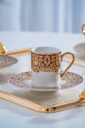 Marcella 24K Altın Detaylı 6 Kişilik Porselen Kahve Fincan Takımı - 90 ml - 2