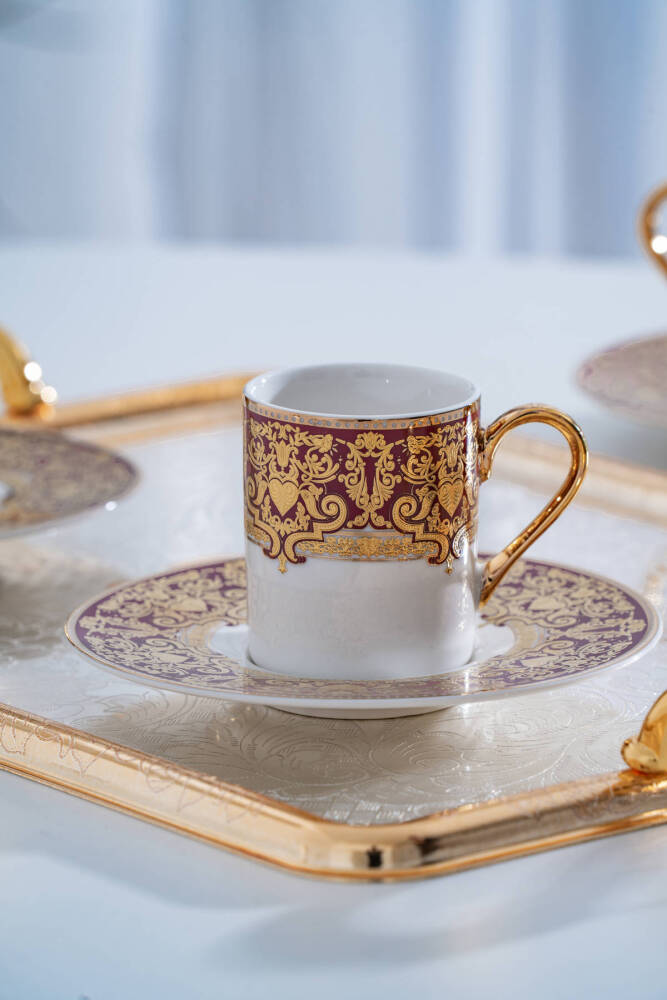 Marcella 24K Altın Detaylı 6 Kişilik Porselen Kahve Fincan Takımı - 90 ml - 2