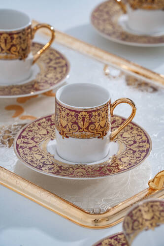 Marcella 24K Altın Detaylı 6 Kişilik Porselen Kahve Fincan Takımı - 90 ml - Queen Victoria