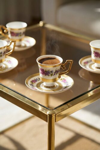 Margriet 24K Altın Detaylı 6 Kişilik Porselen Kahve Fincanı Takımı - 90 ml - 1
