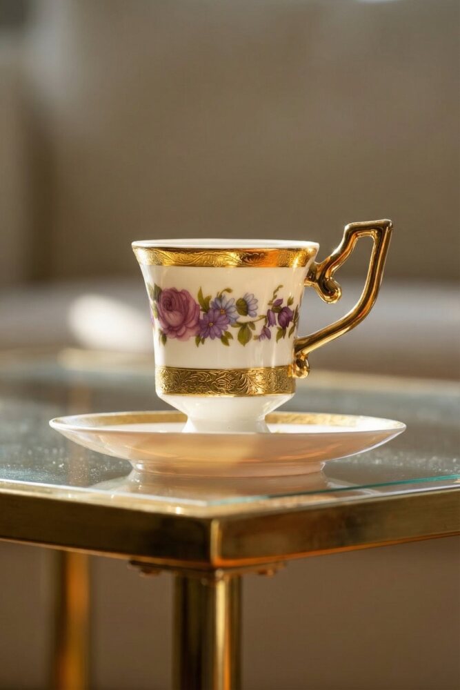 Margriet 24K Altın Detaylı 6 Kişilik Porselen Kahve Fincanı Takımı - 90 ml - 2