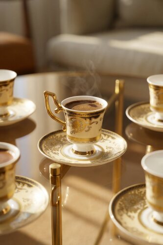 Margriet 24K Altın Detaylı 6 Kişilik Porselen Kahve Fincanı Takımı - 90 ml - Acar
