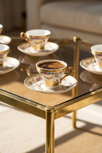 Marielle 24K Altın Detaylı 6 Kişilik Porselen Kahve Fincanı Takımı - 90 ml - 1