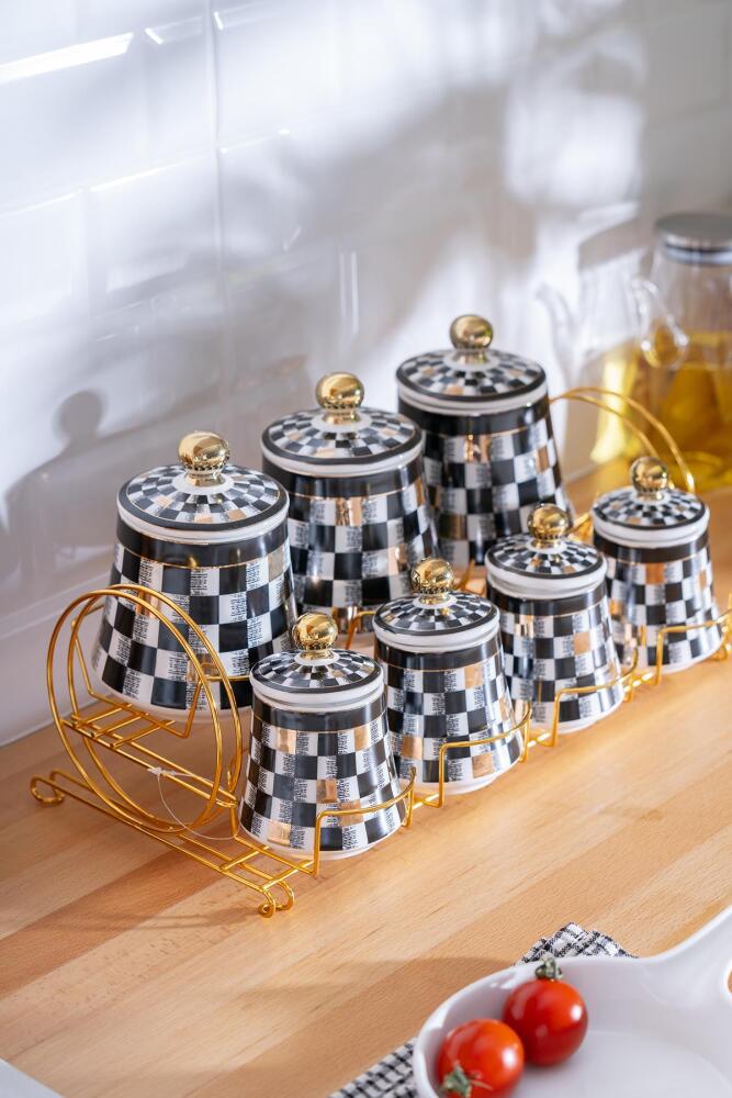 Master Magic Checkers Decor 8 Piece Stand Porcelain Spice Set - 1