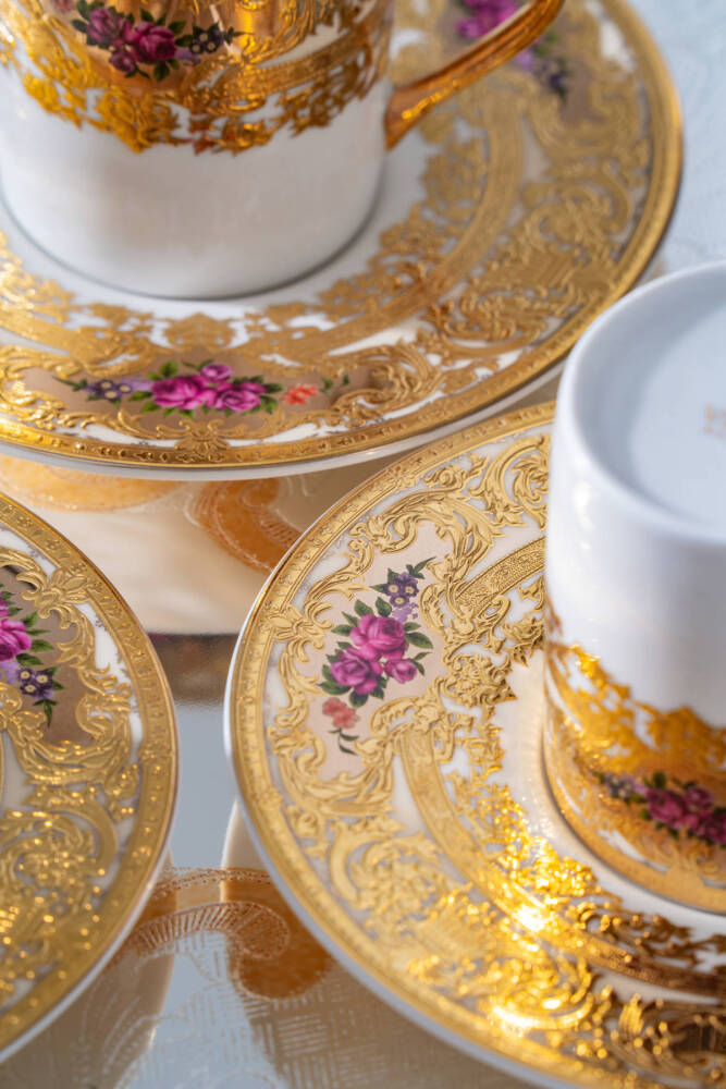 Maxine 24K Altın Detaylı 6 Kişilik Porselen Kahve Fincan Takımı - 90 ml - 2