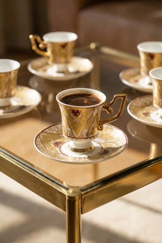 Nicoline 24K Altın Detaylı 6 Kişilik Porselen Kahve Fincanı Takımı - 90 ml - 1