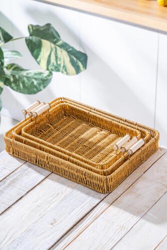 Nomad 3 lü Dikdörtgen Hasır Tepsi Seti - Acar