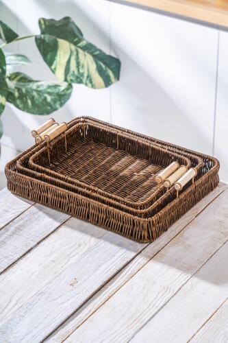 Nomad 3 lü Dikdörtgen Hasır Tepsi Seti - Acar