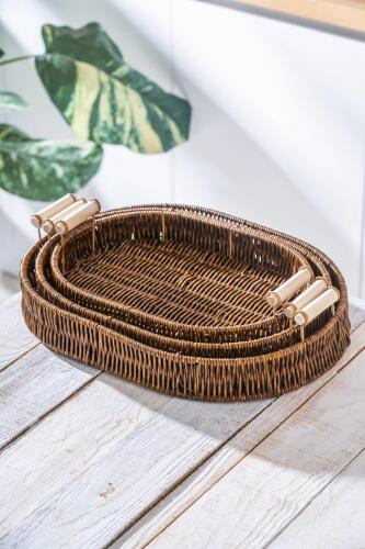 Nomad 3 lü Oval Hasır Tepsi Seti - Acar